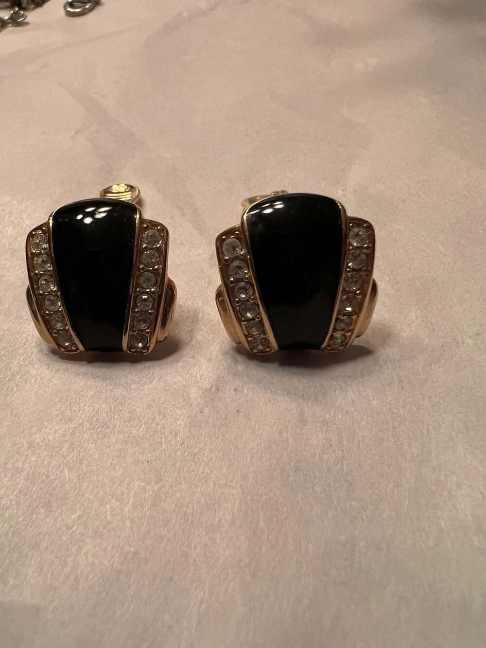Monet Clip-On Earrings Gold-Tone Black Enamel Crystal